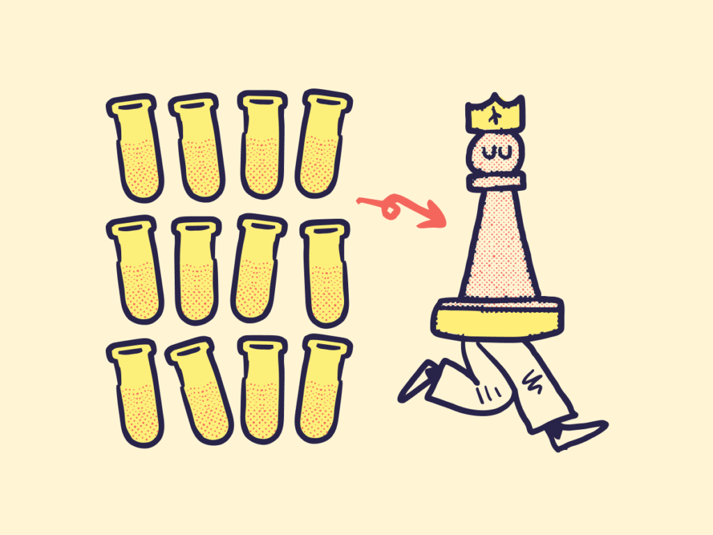 Lots of test tubes leading to a chess piece