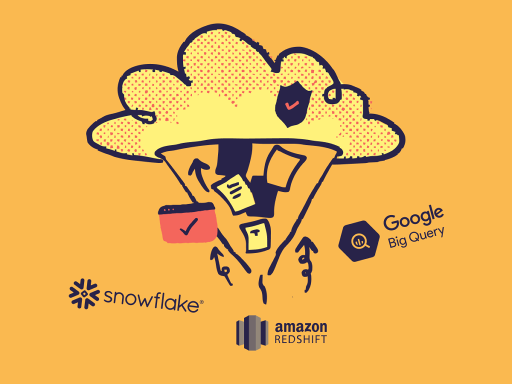 A cloud with papers getting sucked up into it with BigQuery, Redshift, and Snowflake logos beneath it.