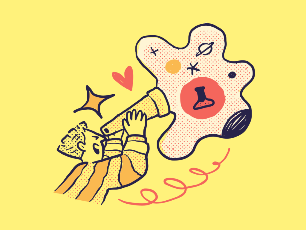 A person looking through a telescope out into space right into a planet with an erlenmeyer flask on it.