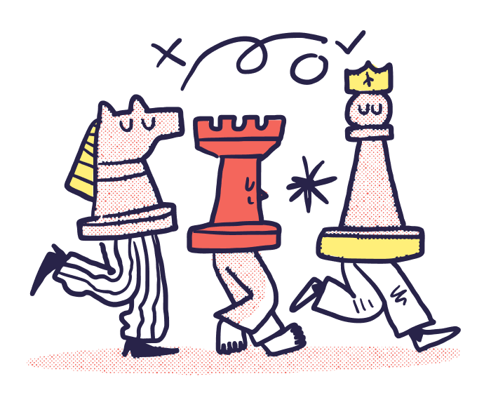 Illustrated chess pieces moving forward and looking happy