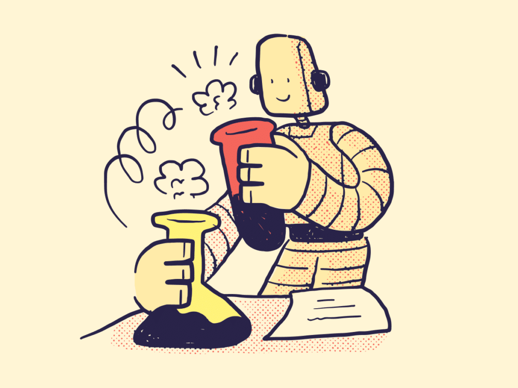 A robot holding test tubes and watching reactions happen with a piece of paper next to it
